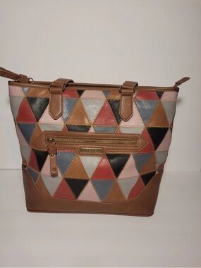 Frye&Vo Women's Multi-Color Triangle Patchwork LeatherTote Bag - Brown Trim